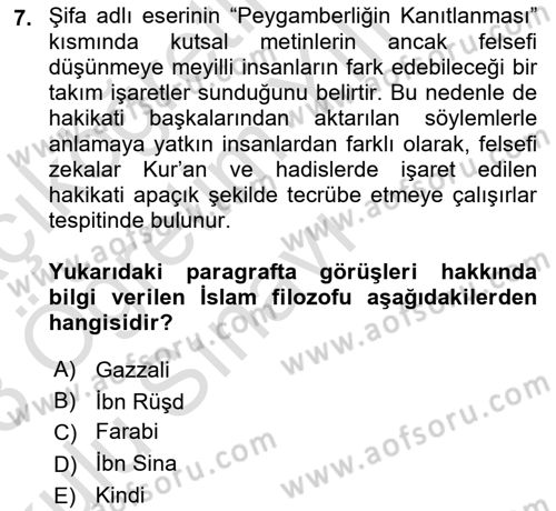 İslam Düşünce Tarihi Dersi 2022 - 2023 Yılı Yaz Okulu Sınav Soruları 7. Soru