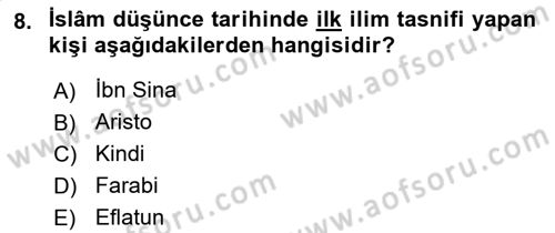 İslam Düşünce Tarihi Dersi 2022 - 2023 Yılı Yaz Okulu Sınav Soruları 8. Soru