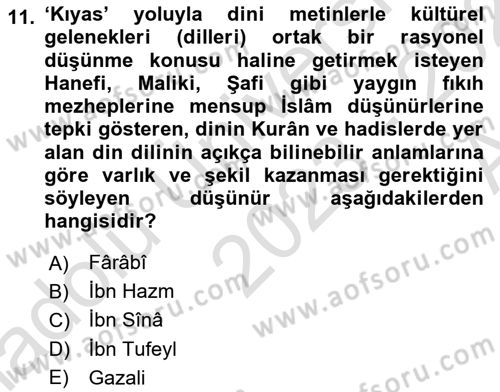 İslam Düşünce Tarihi Dersi 2023 - 2024 Yılı (Vize) Ara Sınavı 11. Soru