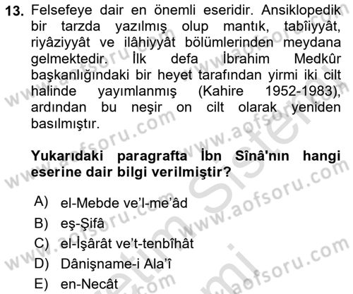 İslam Düşünce Tarihi Dersi 2023 - 2024 Yılı (Vize) Ara Sınavı 13. Soru