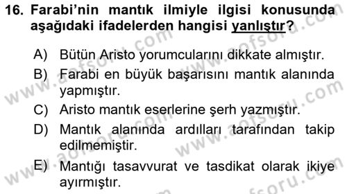 İslam Düşünce Tarihi Dersi 2023 - 2024 Yılı (Vize) Ara Sınavı 16. Soru