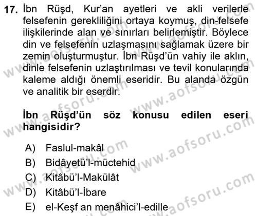 İslam Düşünce Tarihi Dersi 2023 - 2024 Yılı (Vize) Ara Sınavı 17. Soru