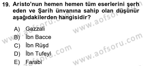 İslam Düşünce Tarihi Dersi 2023 - 2024 Yılı (Vize) Ara Sınavı 19. Soru