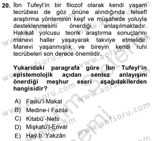 İslam Düşünce Tarihi Dersi 2023 - 2024 Yılı (Vize) Ara Sınavı 20. Soru