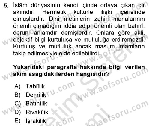 İslam Düşünce Tarihi Dersi 2023 - 2024 Yılı (Vize) Ara Sınavı 5. Soru