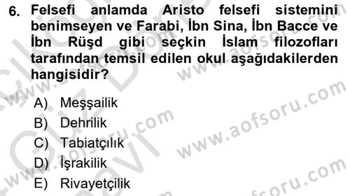 İslam Düşünce Tarihi Dersi 2023 - 2024 Yılı (Vize) Ara Sınavı 6. Soru