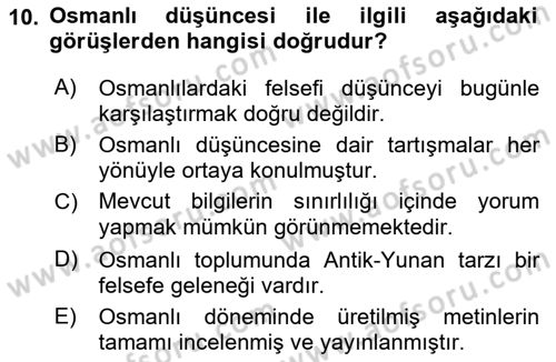 İslam Düşünce Tarihi Dersi 2023 - 2024 Yılı (Final) Dönem Sonu Sınav Soruları 10. Soru