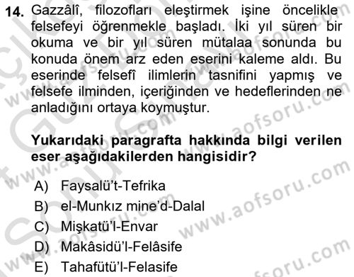 İslam Düşünce Tarihi Dersi 2023 - 2024 Yılı (Final) Dönem Sonu Sınav Soruları 14. Soru