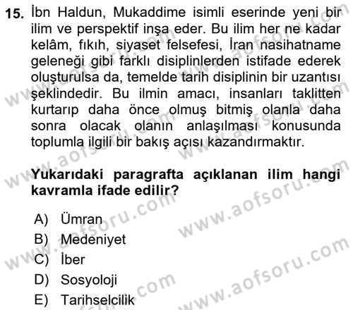 İslam Düşünce Tarihi Dersi 2023 - 2024 Yılı (Final) Dönem Sonu Sınav Soruları 15. Soru