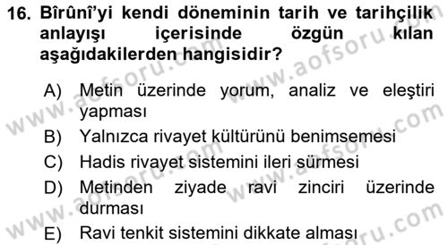 İslam Düşünce Tarihi Dersi 2023 - 2024 Yılı (Final) Dönem Sonu Sınav Soruları 16. Soru