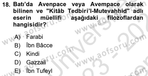 İslam Düşünce Tarihi Dersi 2023 - 2024 Yılı (Final) Dönem Sonu Sınav Soruları 18. Soru