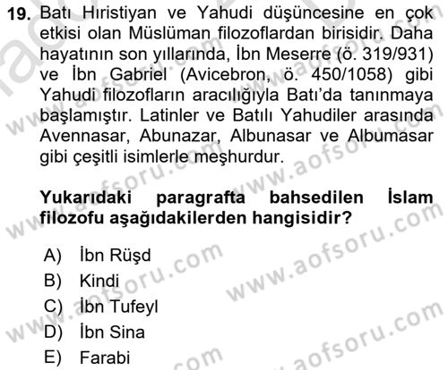 İslam Düşünce Tarihi Dersi 2023 - 2024 Yılı (Final) Dönem Sonu Sınav Soruları 19. Soru