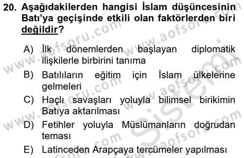 İslam Düşünce Tarihi Dersi 2023 - 2024 Yılı (Final) Dönem Sonu Sınav Soruları 20. Soru