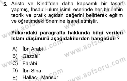 İslam Düşünce Tarihi Dersi 2023 - 2024 Yılı (Final) Dönem Sonu Sınav Soruları 5. Soru