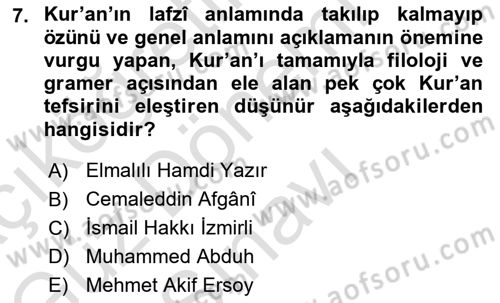 İslam Düşünce Tarihi Dersi 2023 - 2024 Yılı (Final) Dönem Sonu Sınav Soruları 7. Soru