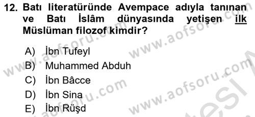 İslam Düşünce Tarihi Dersi 2023 - 2024 Yılı Yaz Okulu Sınavı 12. Soru