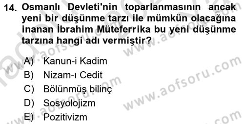 İslam Düşünce Tarihi Dersi 2023 - 2024 Yılı Yaz Okulu Sınavı 14. Soru