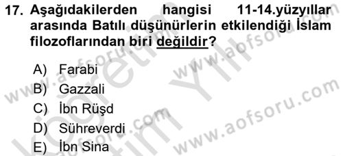 İslam Düşünce Tarihi Dersi 2023 - 2024 Yılı Yaz Okulu Sınavı 17. Soru