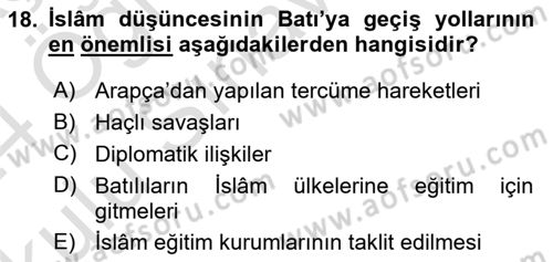 İslam Düşünce Tarihi Dersi 2023 - 2024 Yılı Yaz Okulu Sınavı 18. Soru