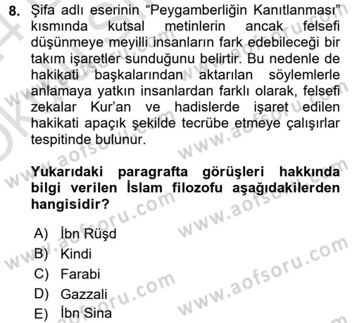 İslam Düşünce Tarihi Dersi 2023 - 2024 Yılı Yaz Okulu Sınavı 8. Soru