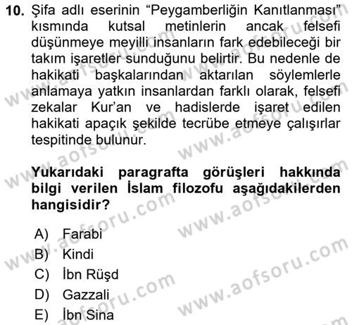 İslam Düşünce Tarihi Dersi 2024 - 2025 Yılı (Vize) Ara Sınav Soruları 10. Soru