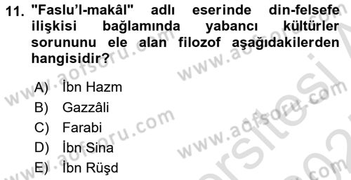 İslam Düşünce Tarihi Dersi Ara Sınavı Deneme Sınav Soruları 11. Soru
