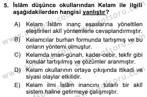 İslam Düşünce Tarihi Dersi Ara Sınavı Deneme Sınav Soruları 5. Soru