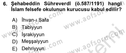 İslam Düşünce Tarihi Dersi Ara Sınavı Deneme Sınav Soruları 6. Soru