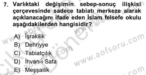 İslam Düşünce Tarihi Dersi 2024 - 2025 Yılı (Vize) Ara Sınav Soruları 7. Soru