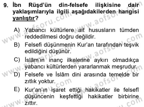 İslam Düşünce Tarihi Dersi Ara Sınavı Deneme Sınav Soruları 9. Soru