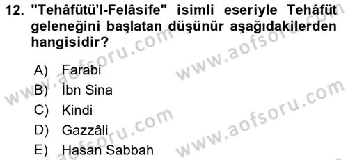 İslam Düşünce Tarihi Dersi 2024 - 2025 Yılı (Final) Dönem Sonu Sınav Soruları 12. Soru