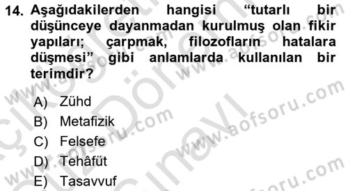 İslam Düşünce Tarihi Dersi 2024 - 2025 Yılı (Final) Dönem Sonu Sınav Soruları 14. Soru
