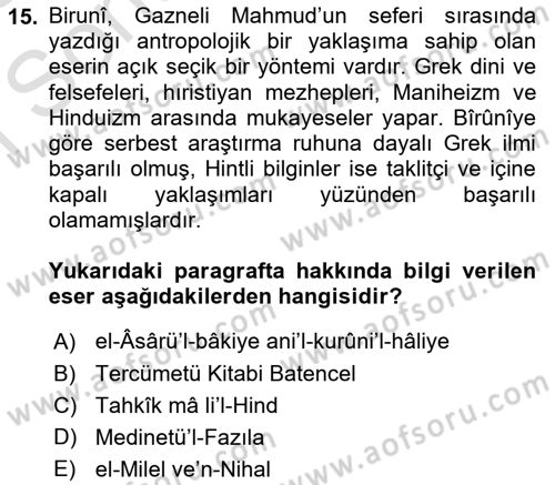 İslam Düşünce Tarihi Dersi 2024 - 2025 Yılı (Final) Dönem Sonu Sınav Soruları 15. Soru