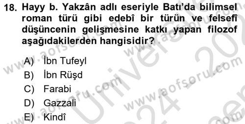 İslam Düşünce Tarihi Dersi 2024 - 2025 Yılı (Final) Dönem Sonu Sınav Soruları 18. Soru