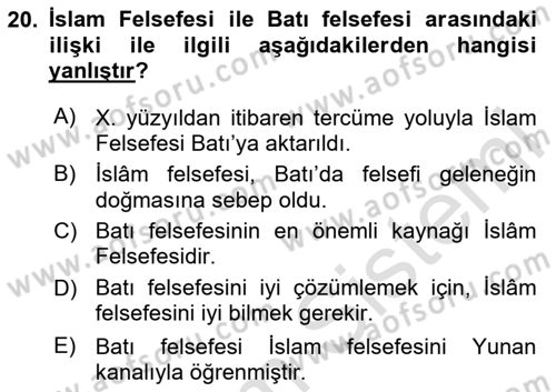 İslam Düşünce Tarihi Dersi 2024 - 2025 Yılı (Final) Dönem Sonu Sınav Soruları 20. Soru