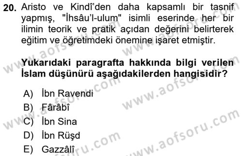 İslam Düşünce Tarihi Dersi 2024 - 2025 Yılı Yaz Okulu Sınav Soruları 20. Soru