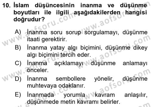İslam Düşünce Tarihi Dersi 2025 - 2026 Yılı (Vize) Ara Sınav Soruları 10. Soru