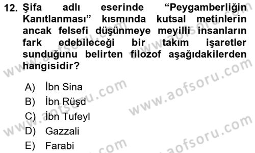 İslam Düşünce Tarihi Dersi 2025 - 2026 Yılı (Vize) Ara Sınav Soruları 12. Soru