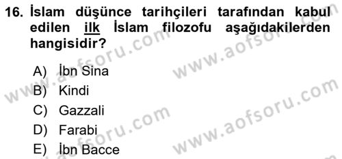 İslam Düşünce Tarihi Dersi 2025 - 2026 Yılı (Vize) Ara Sınav Soruları 16. Soru
