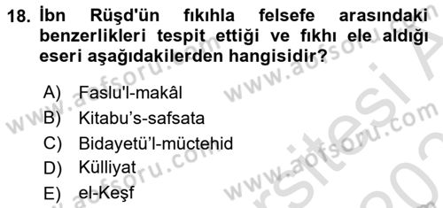 İslam Düşünce Tarihi Dersi 2025 - 2026 Yılı (Vize) Ara Sınav Soruları 18. Soru