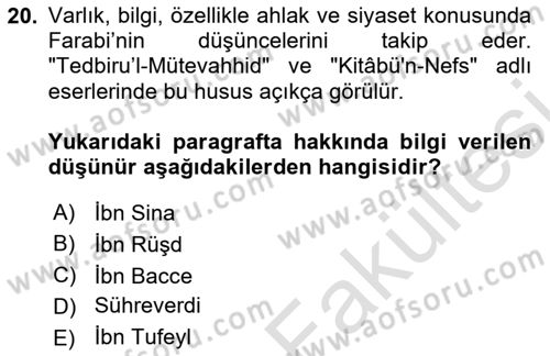İslam Düşünce Tarihi Dersi 2025 - 2026 Yılı (Vize) Ara Sınav Soruları 20. Soru