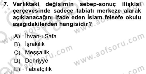 İslam Düşünce Tarihi Dersi 2025 - 2026 Yılı (Vize) Ara Sınav Soruları 7. Soru