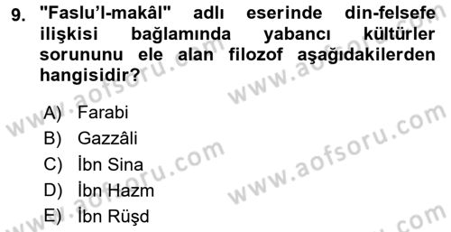 İslam Düşünce Tarihi Dersi 2025 - 2026 Yılı (Vize) Ara Sınav Soruları 9. Soru