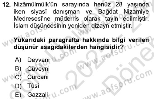 İslam Düşünce Tarihi Dersi 2025 - 2026 Yılı (Final) Dönem Sonu Sınav Soruları 12. Soru