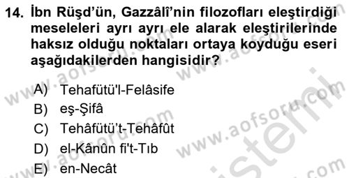 İslam Düşünce Tarihi Dersi 2025 - 2026 Yılı (Final) Dönem Sonu Sınav Soruları 14. Soru