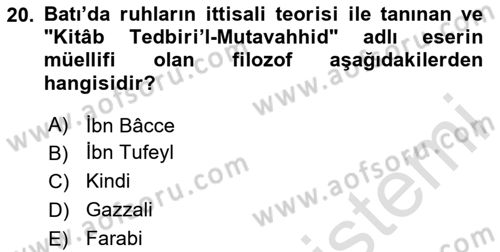 İslam Düşünce Tarihi Dersi 2025 - 2026 Yılı (Final) Dönem Sonu Sınav Soruları 20. Soru