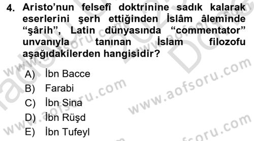 İslam Düşünce Tarihi Dersi 2025 - 2026 Yılı (Final) Dönem Sonu Sınav Soruları 4. Soru