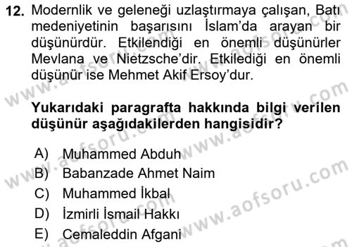 İslam Düşünce Tarihi Dersi 2025 - 2026 Yılı Yaz Okulu Sınav Soruları 12. Soru