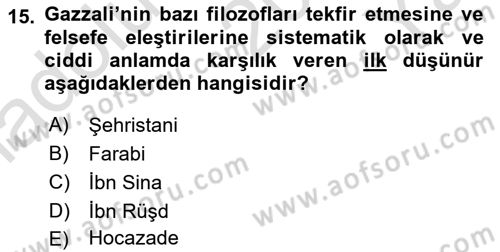 İslam Düşünce Tarihi Dersi 2025 - 2026 Yılı Yaz Okulu Sınav Soruları 15. Soru