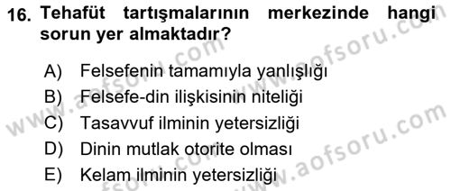 İslam Düşünce Tarihi Dersi 2025 - 2026 Yılı Yaz Okulu Sınav Soruları 16. Soru